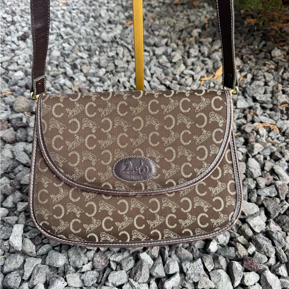 Vintage CELINE Brown Canvas Leather Trims Horse Carriage Macadam Shoulder Bag